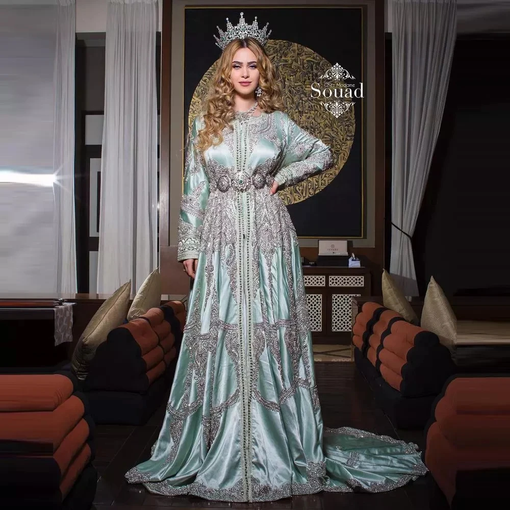 Moroccan Kaftan Caftan Muslim Evening Dresses A-line Long Sleeve Appliques Beaded Dubai Arabic Abaya Islamic Gown Customized