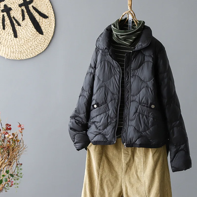 Schinteon เสื้อแจ็คเก็ตขนเป็ดสีขาวสำหรับผู้หญิง, เสื้อโค้ทตัวสั้นทรงหลวมใส่สบายสำหรับใส่ในฤดูใบไม้ร่วงฤดูหนาวคอตั้งสไตล์เกาหลี