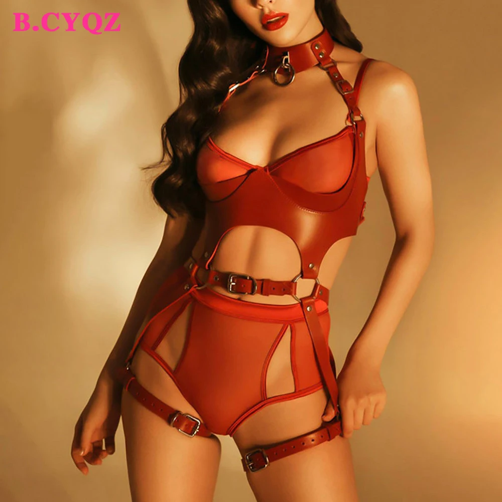 

B.CYQZ Leather Harness Women Set Red Gothic Garter Body Bondage Belt Adjustable Suspender Goth Clothes Sexy Lingerie Cage Rave