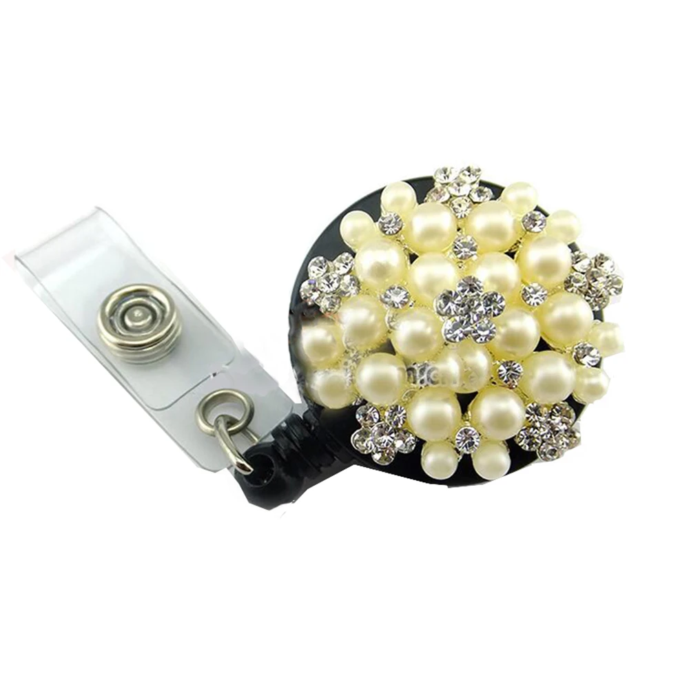 Wholesale Crystal Rhinestone Pearl Retractable Reel ID Badge Holder