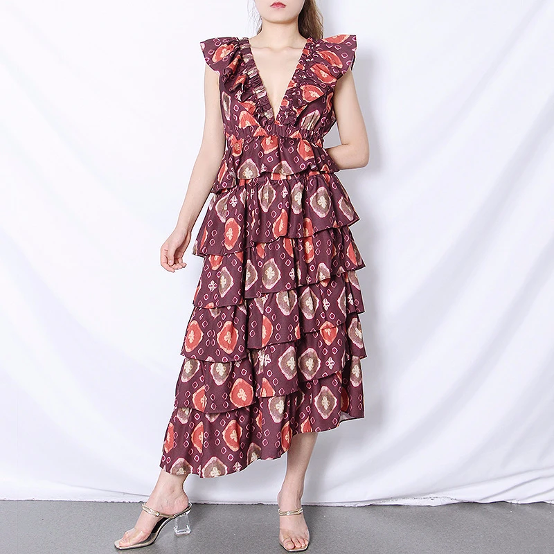 TWOTWINSTYLE Elegant Elegant Print Dresses Fenake V Neck Butterfly Short Sleeve High Waist Cascading Ruffles Summer Dress Women