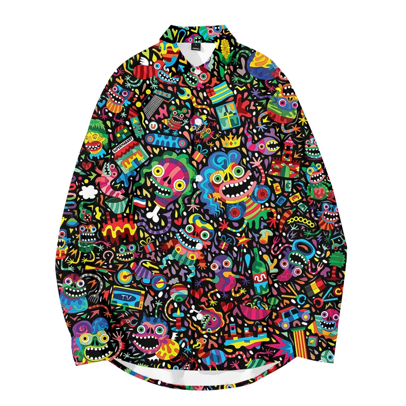 

Casual Doodle Men Long Sleeve Shirt Banquet Holiday Printed Tops Fashion Cartoon Men Long Sleeve Shirt 2021 New Colorful Monster