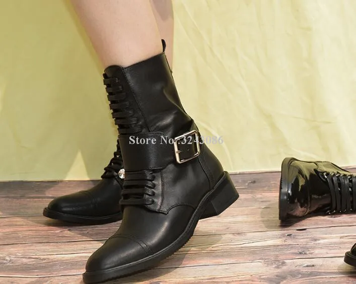 

Black Leather Buckle Motorcycle Boots Woman Fashion Flat Ankle Boots Sexy Lace-up Ladies Casual Shoes