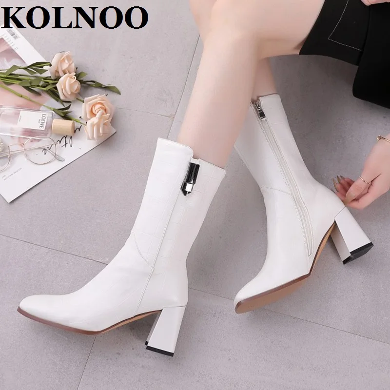 Kolnoo New 2022 Handmade Ladies Chunky Heels Boots White Faux Leather Real Photos Motorcycle Boots Evening Party Fashion Shoes