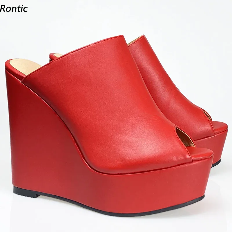 

Rontic Handmade Women Platform Mules Sandals Unisex Comfort Wedges Heels Peep Toe Fabulous Red Party Cosplay Shoes US Size 5-20