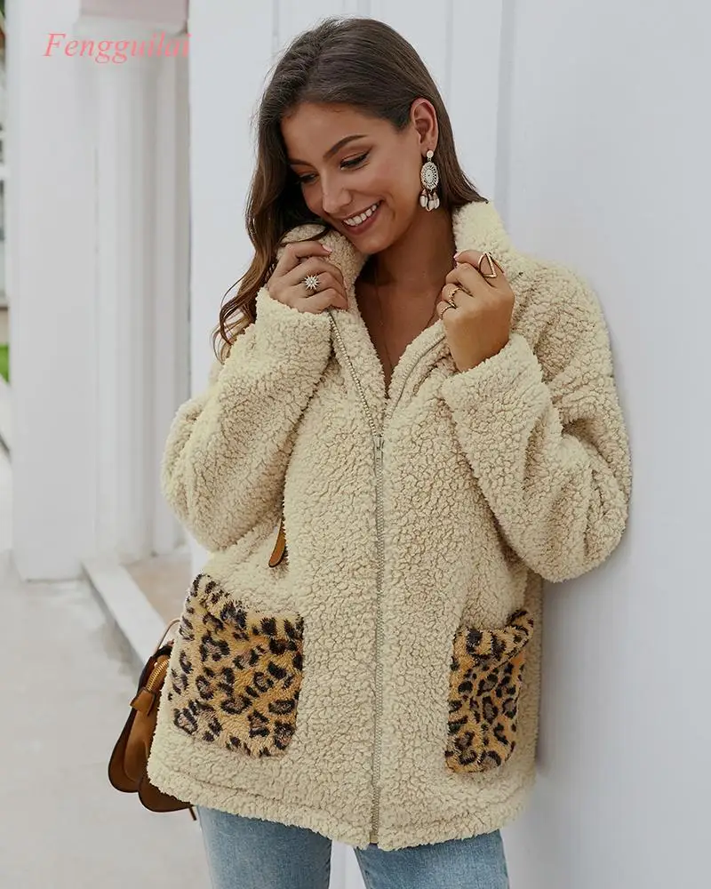 Leopard Patchwork Casual Teddy Coat Women Faux Fur Coat 2020 Autumn Winter Fur Jacket  Plus Overcoat Outwear