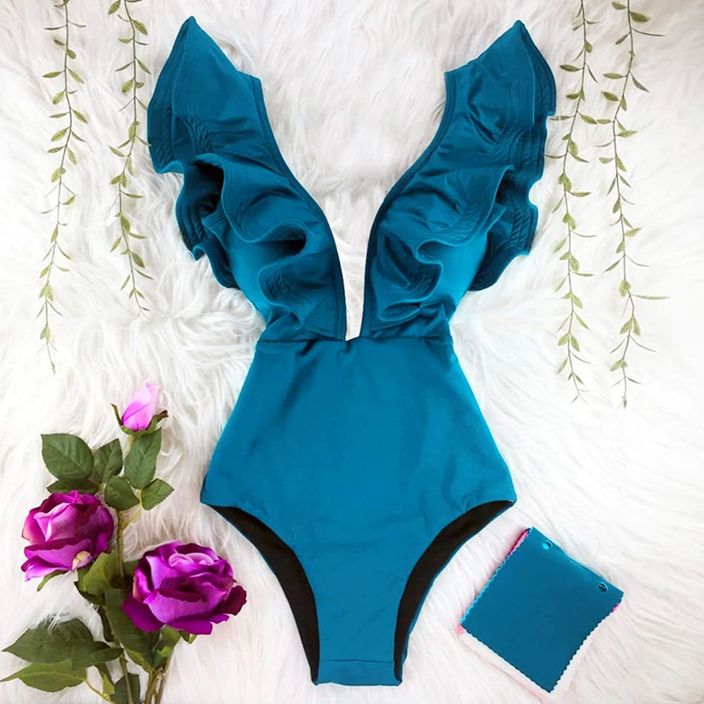2025 New Print Swimwear Deep V-neck Ruffle Swimsuit Push Up One Piece Swimsuit Beach Wear Backless Monokini