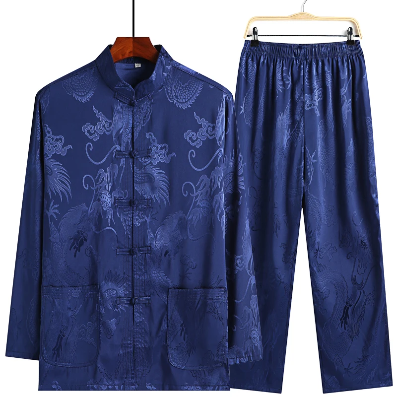 Novelty Clothes New Chinese Style Men\'s Tang Suit Sets Long Sleeve Long Pants Dragon Kung Fu Suit Satin Silk Wu Shu Tai Chi Sets