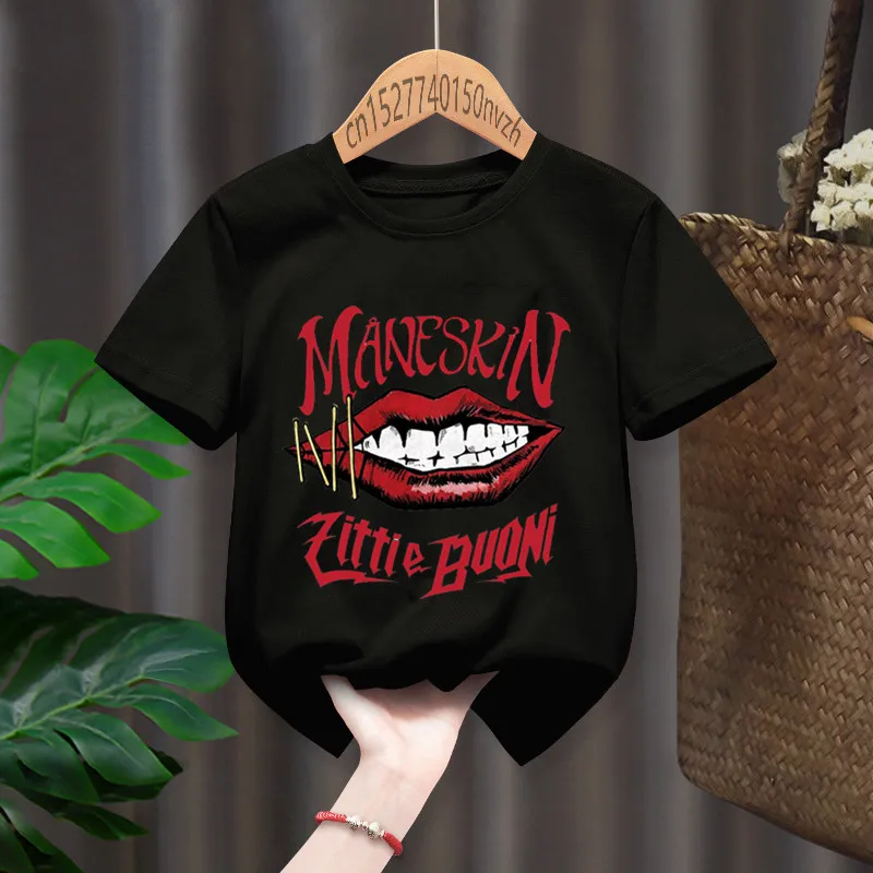 Punk Rock Band Maneskin Print Funny Baby Girl T-shirts Kid Children Manga Gift Present Black Harajuku Clothes