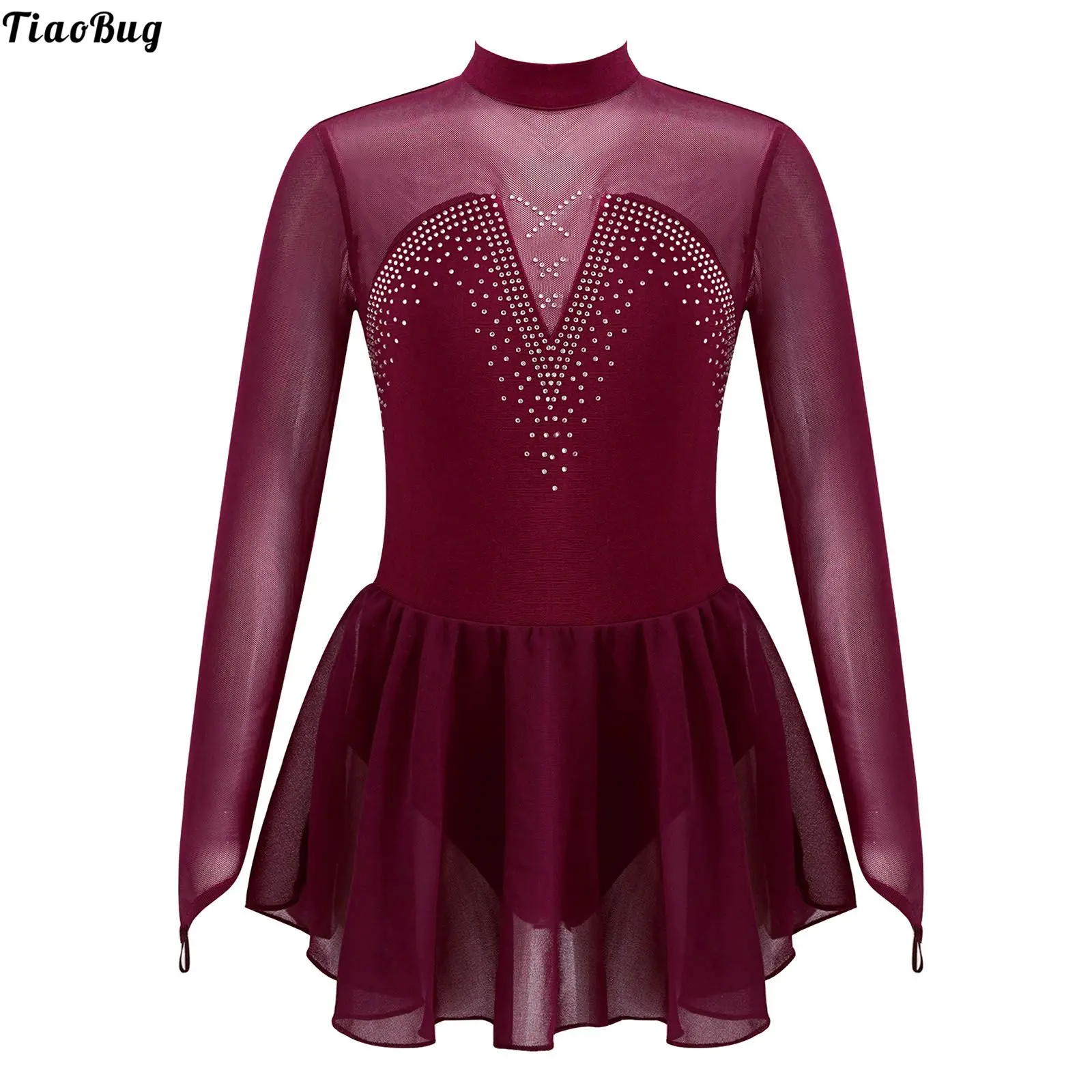 Robe élégante à manches longues pour filles, col rond, dos nu, en maille cristal, pour le patinage, danse de Ballet, gymnastique