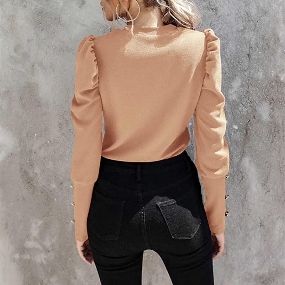 Autumn Winter Casual Slim Top And Blouse Women Solid O-Neck Long Puff Sleeve With Button Shirts Elegant Office Ladies Blouses