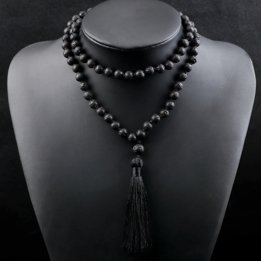 Buddhist Mala Beaded Necklaces for Women Men 6 8mm Black Lava Rock Stone Long Tassel Necklace Handmade Vintage Ethnic Jewelry