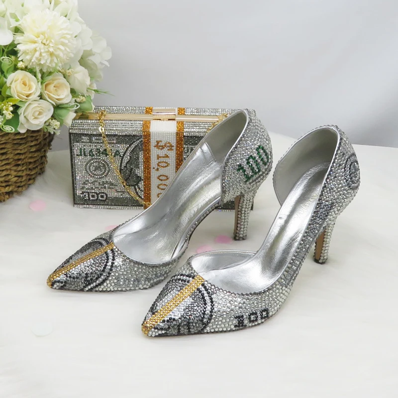 Fashion Pointed Toe Dollars Money shoe and bag set woman fashion shoes High Heel Pumps Evening Party dress shoes Female