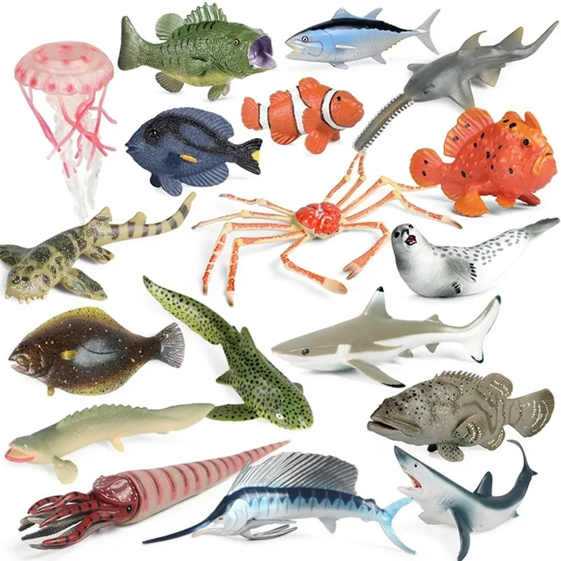 

2021 Ocean Marine Jellyfish Shark Seal Crab Clownfish Tuna Sea Life Animals Model Action Figures PVC Miniature Babys Shower Toys