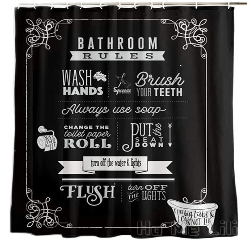 Chalkboard Rules Black Bath Shower Curtain Premium Washable Home Decor Waterproof Fabric Farmhouse With Hooks