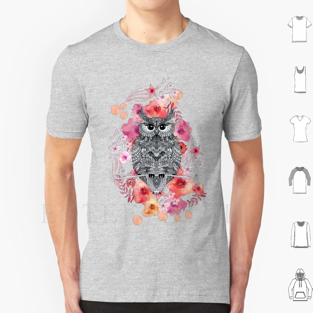 Owl & Flowers T Shirt Men Cotton 6xl Owl Flower Watercolor Rose Pastel Pink Orange Apricot White Felttip Zentangle Doodle