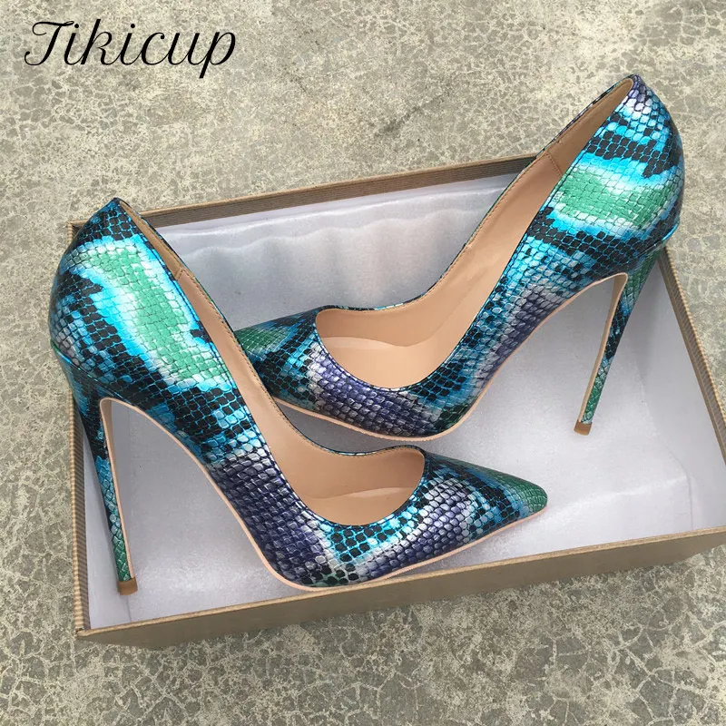 Tikicup Green Black Camouflage Croc-Effect Women Sexy Pattern High Heels Pointed Toe Stiletto Pumps Wild Ladies Party Shoes