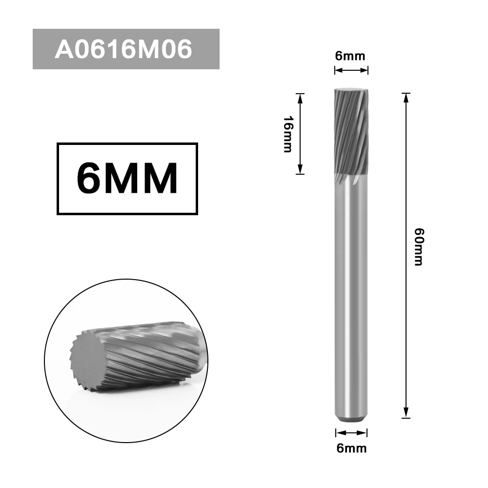 6MM Metal Drawing Tungsten Carbide Milling Cutter Rotary Tool Burr CNC Engraving Abrasive Tools Metalworking Milling Polishing