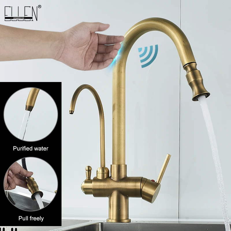 ELLEN Touch Control Kitchen Faucets Filter Pull Out Antqiue Bronze Kitchen Mixer Tap Crane Sensor Faucet Hot Cold Water EL9139AS