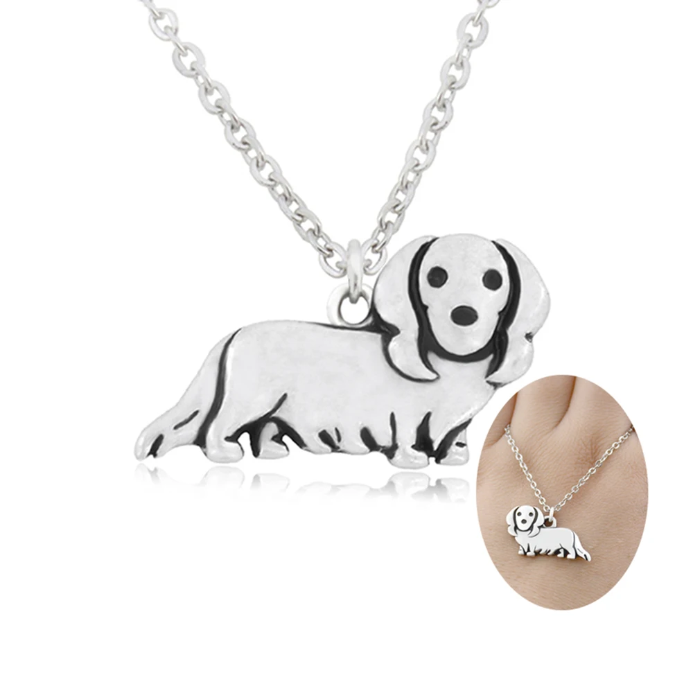 Long Hair Dachshund & Doxie Dog Puppy Pendant Initial Necklace For Women Stainless Steel Long Chains Dog Lover Necklace Jewelry