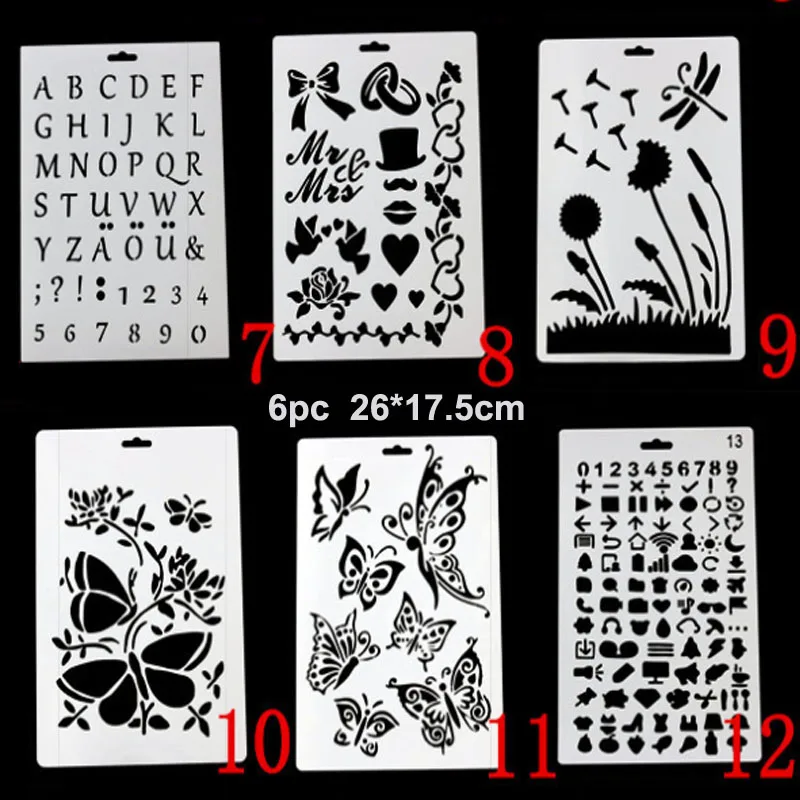 6pc Stencil Painting Template DIY Wall Scrapbook Coloring Embossing Diary Album Decorative Reusable Office School Supplies