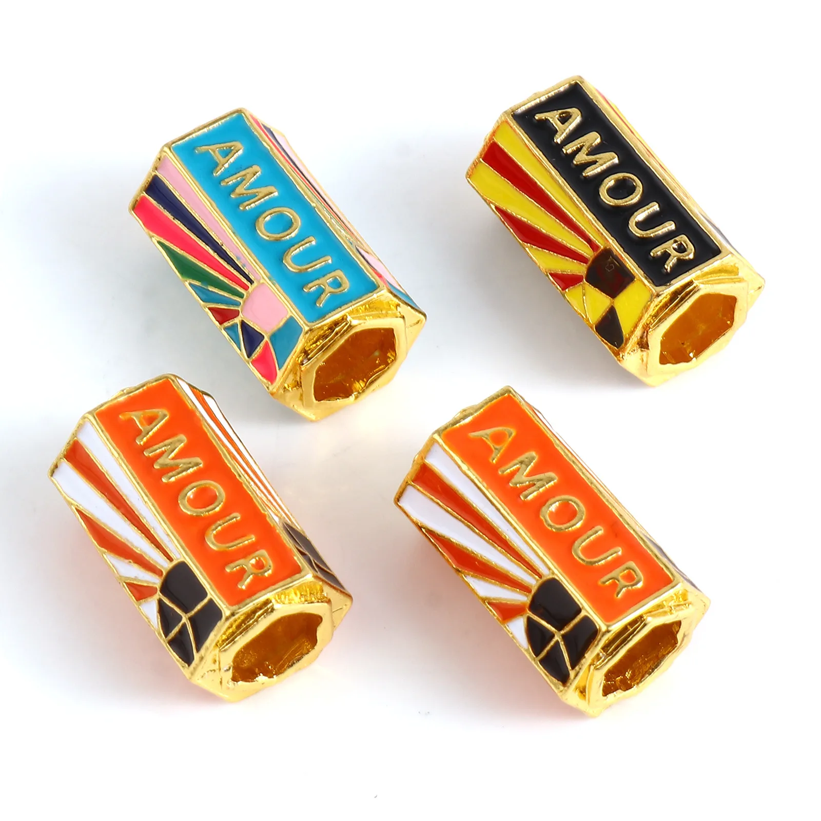 2 PCs Religious Large Hole Charm Beads Enamel Evil Eye Metal Hexagonal Prism Loose Beads Gold Color For DIY Jewelry Pendants