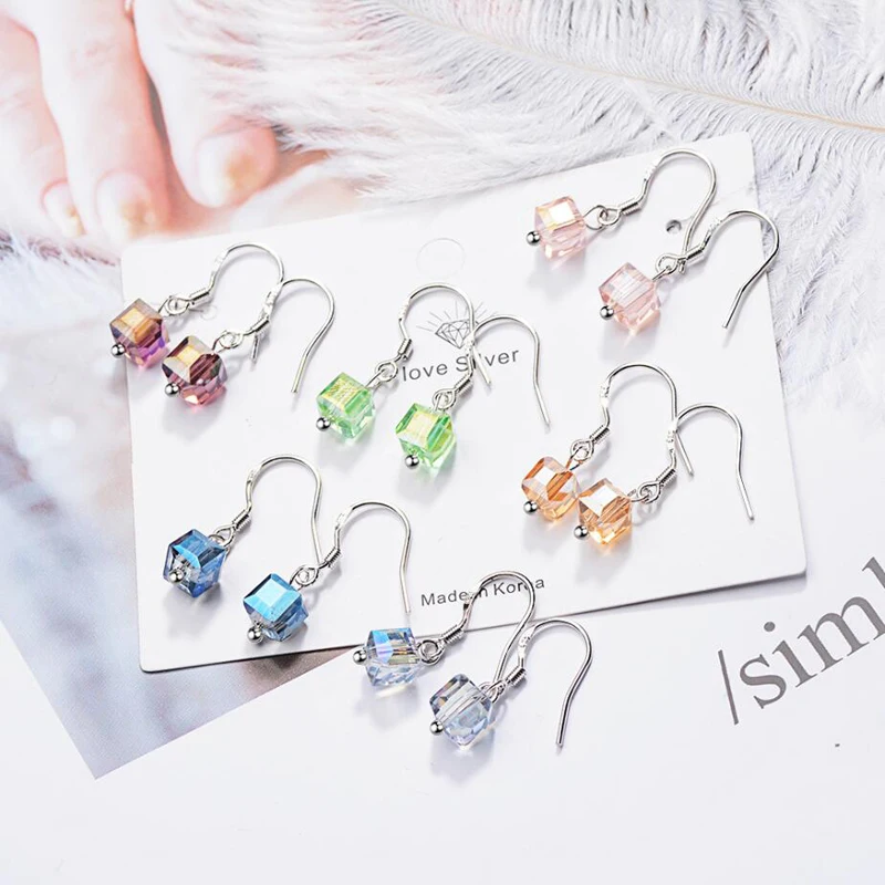 KOFSAC Fashion Multicolor Square Crystal Drop Earrings For Women Jewelry 925 Sterling Silver Earring Lady Party Accessories Gift