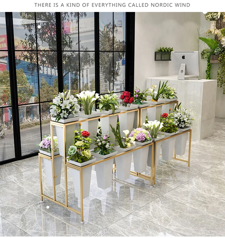 

Nordic Wedding Suppliers Flower Shop Gold Metal Trapezoid Frame Bucket Rack Floor Flower Stand Iron Multi-Layer Shelf Plants