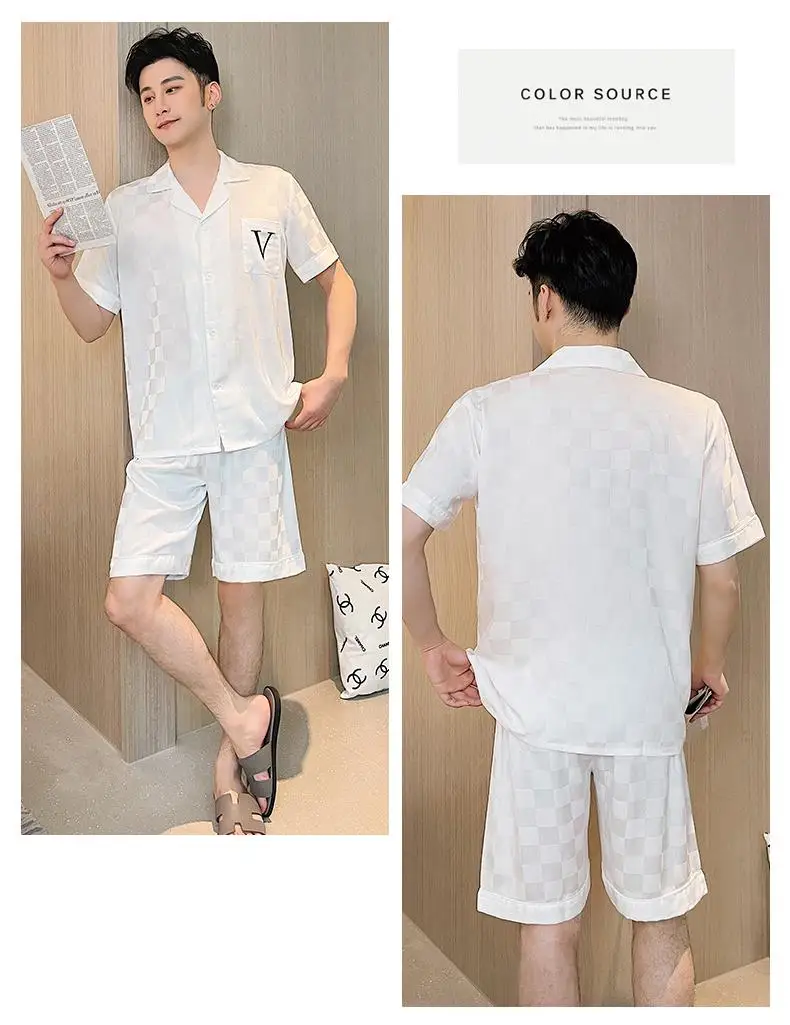 2PCS Satin Couple Pajamas Plaid Print Ice Silk Sleepwear with Turn-Down Collar Shirt And Shorts Summer Nightwear Home Clothes 6