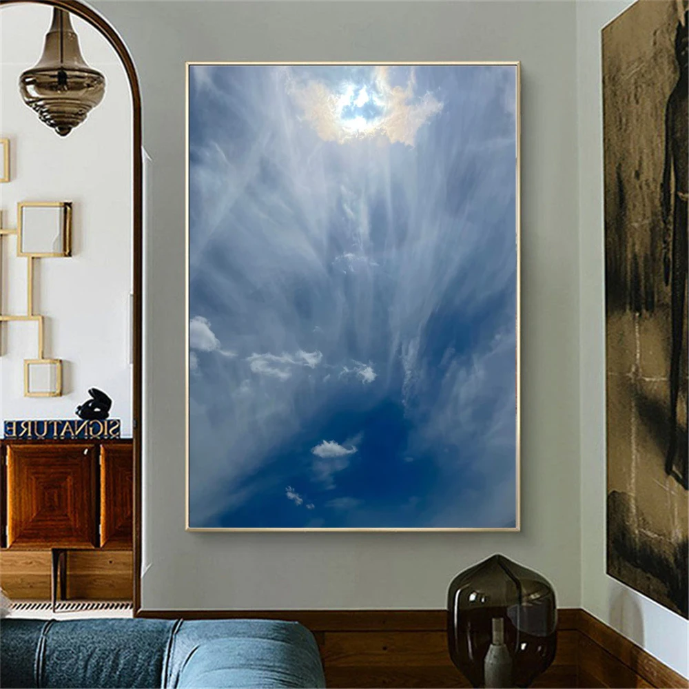 

Original 100% Hand-Painted Oil Painting Abstract Golden Sun Blue Sky White Clouds Canvas Paint Living Room Decoration Wall Art