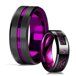 Fashion 8mm Black Tungsten Wedding Celtic Dragon Ring Inlaid Purple Zircon Ring for Men Stainless Steel Purple Carbon Fibre Ring