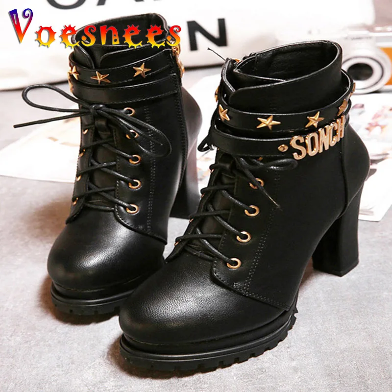 

Fashion Leathers Boots New Winter Warm Lace-up Zipper Ankle Boots Women High Quality Platform Metal Rivet Tape Thick Heel Shoes