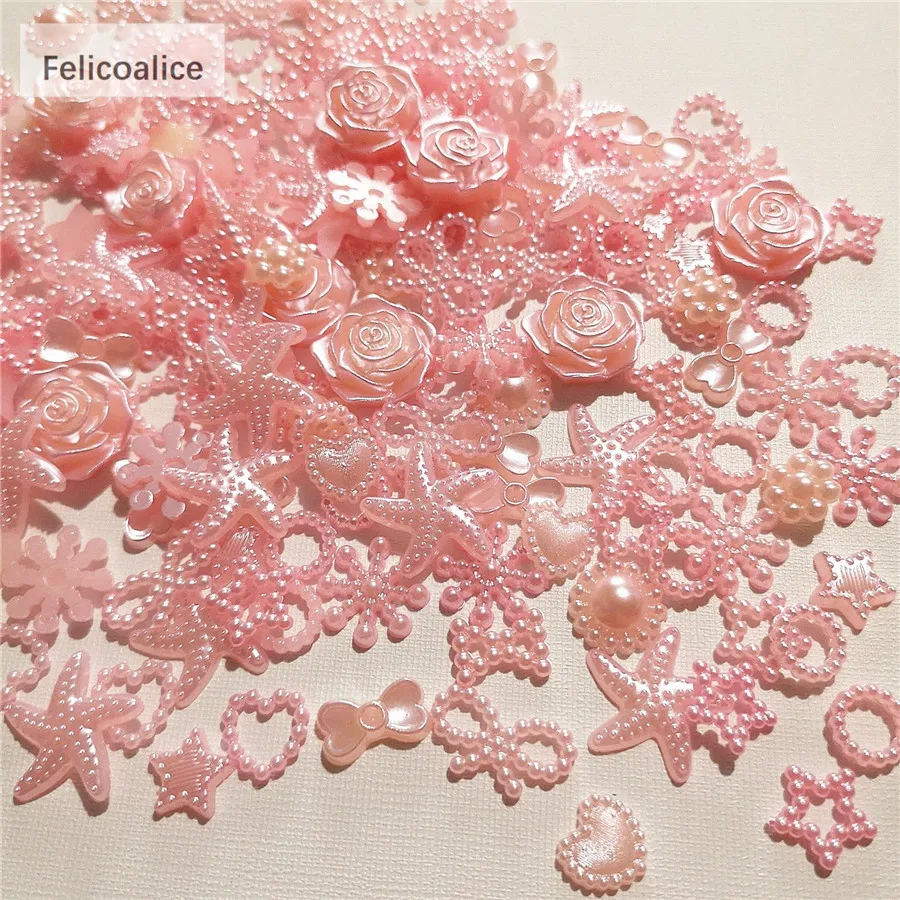 100pcs Assorted Pink ABS Pearl Bow Heart Flatback Cabochons DIY Resin Shaker Charms Molds Stuff Moon Star Slime Fillings Fillers