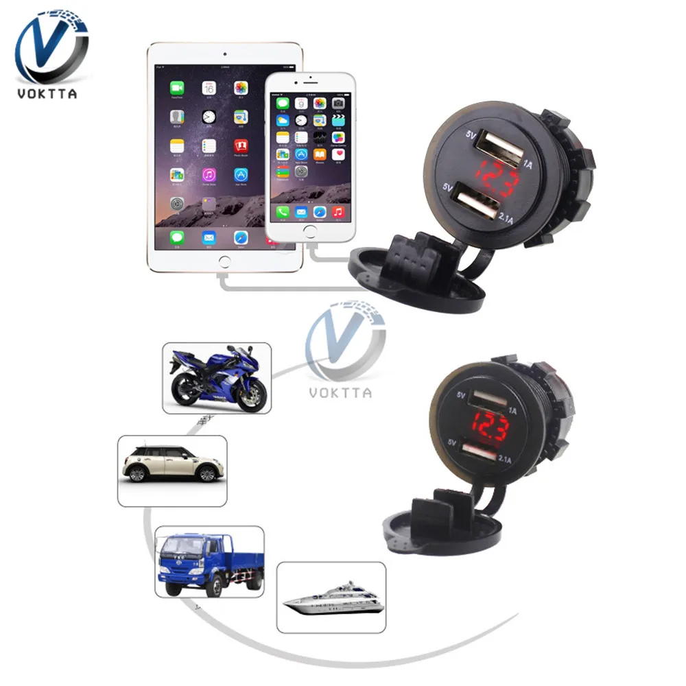 Car Charger Dual USB Port Multifunction LED Digital display Voltmeter Waterproof Mobile Phone Smart Charging Socket Adapter