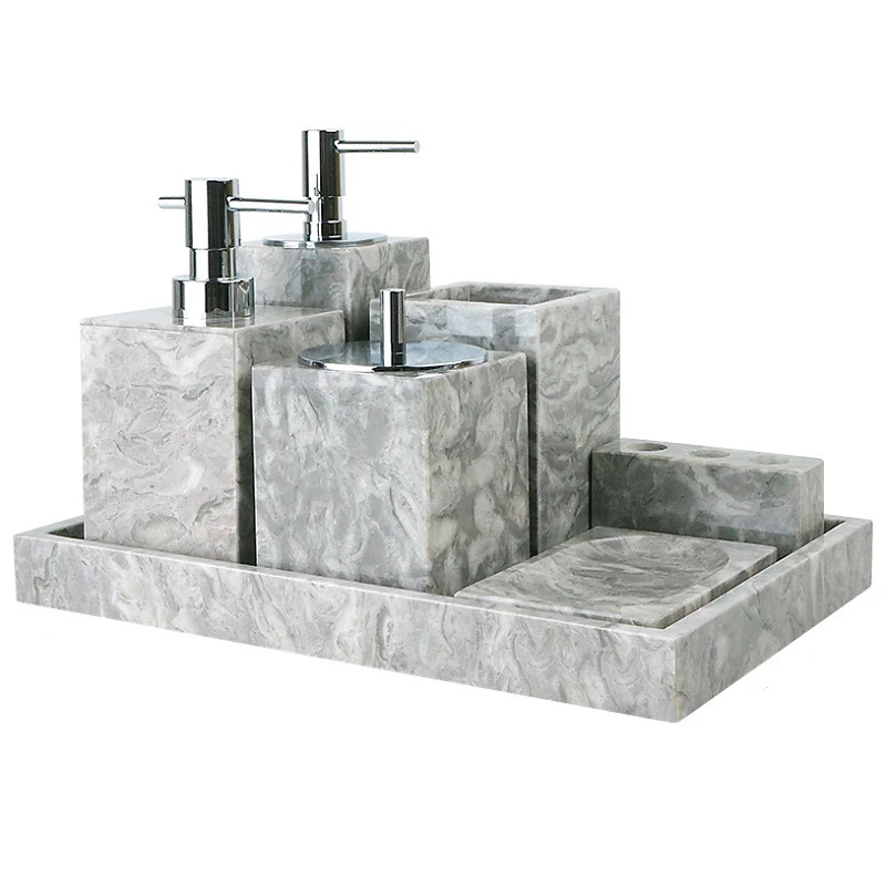 Bathroom Accessory Set Grey Marble Bathroom Vanity Countertop Accessory Set Toothbrush Holder Soap Dispenser Tumbler Soap Dish