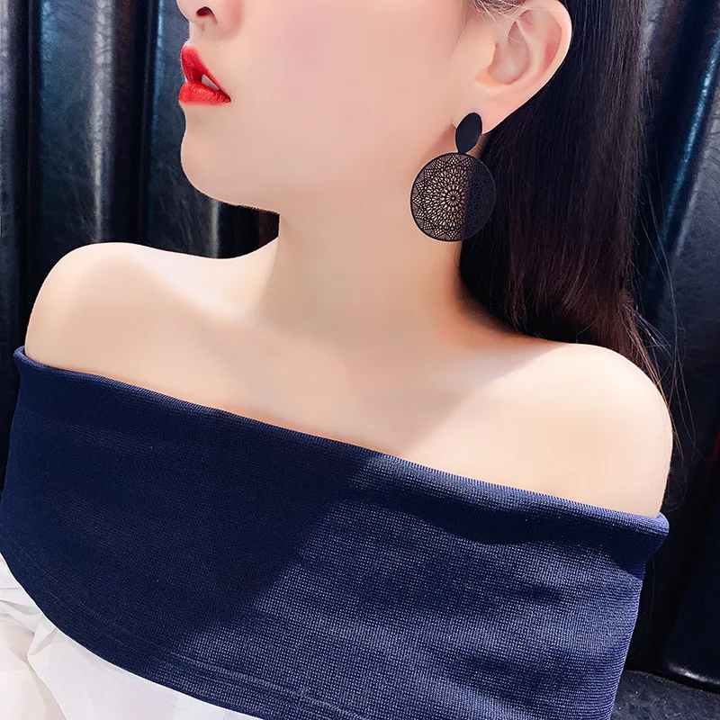 Wholesale Of New Korean Personality Black Ring Temperament Hollow-out Pattern Pendant Earrings In 2019 Earrings For Women