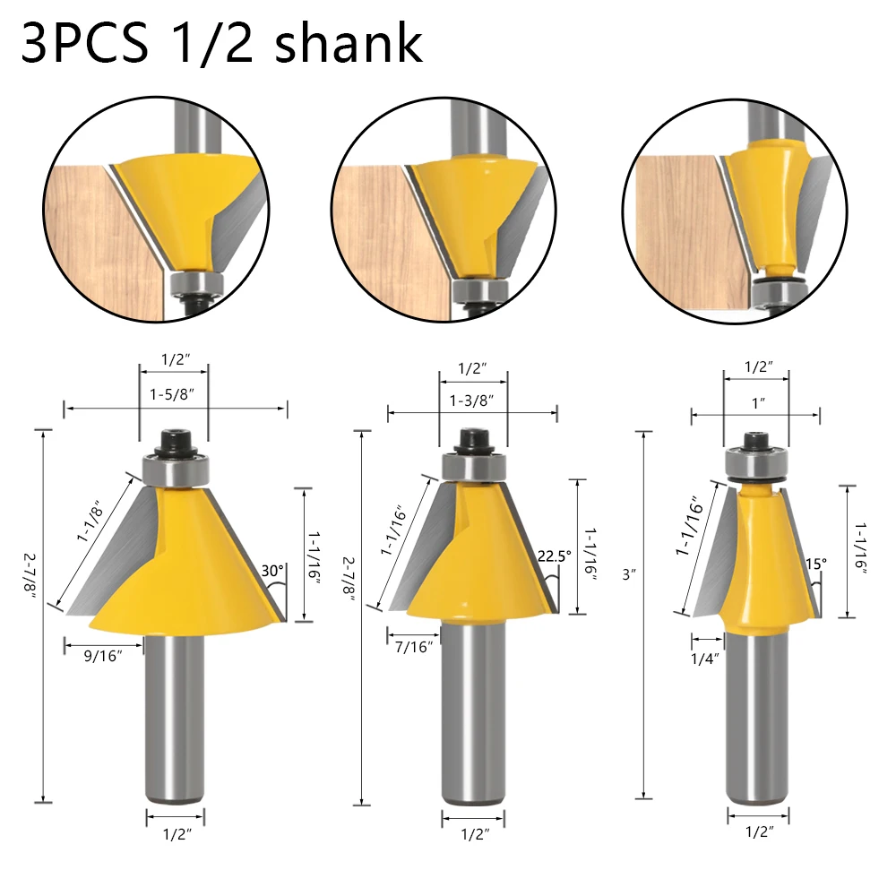 1pc 8mm 6mm 1/4inch 12mm 1/2inchShank Chamfer Router Bit 15 Degree Bevel Edging Milling Cutter for Wood Woodorking Machine Tools