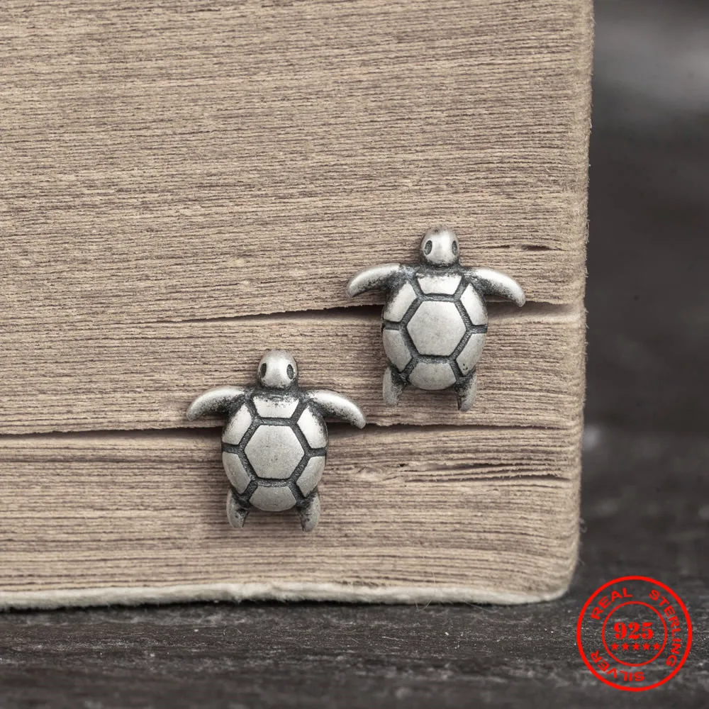 MKENDN Ocean Style 100% 925 Sterling Silver Creative Retro Cute Tiny Turtle Stud Earring For Men Women Ocean Lovers Jewelry