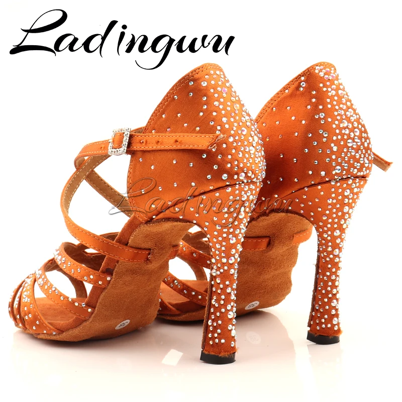 Ladingwu Women Party Dance Shoes Silk Satin Shining Rhinestones Soft Bottom Latin Dance Shoes Woman Salsa Dance Shoes Custom Hee