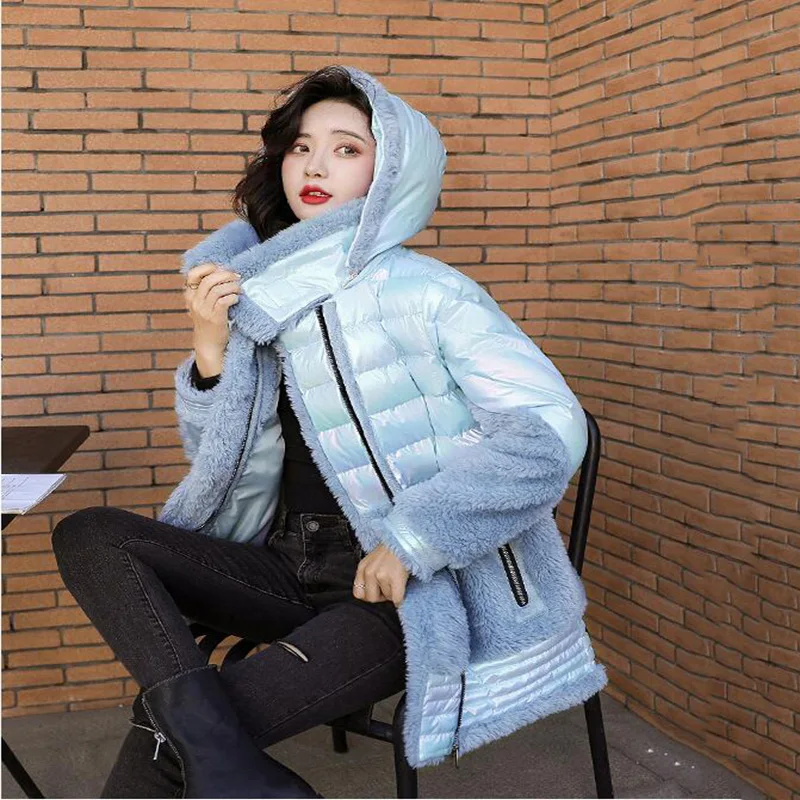 Lambskin Winter Jacket Coat Women 2024 New Glossy Stitching Padded Parka Jacket Female Hooded Long-sleeved Winter Outwear Women