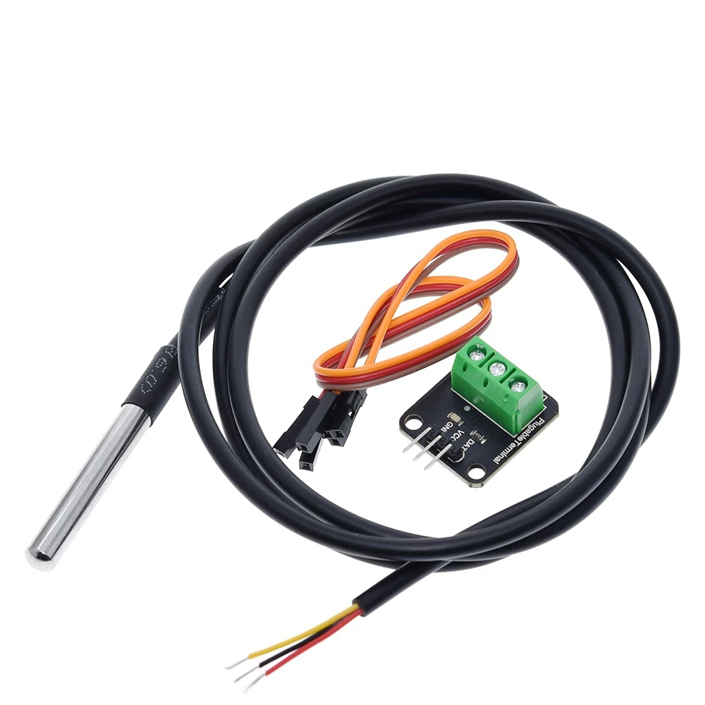 DS18B20 Kit Módulo Sensor de Temperatura, Cabo Digital, Sonda de Aço Inoxidável, Terminal Adaptador para Arduino, à prova d'água, 100cm