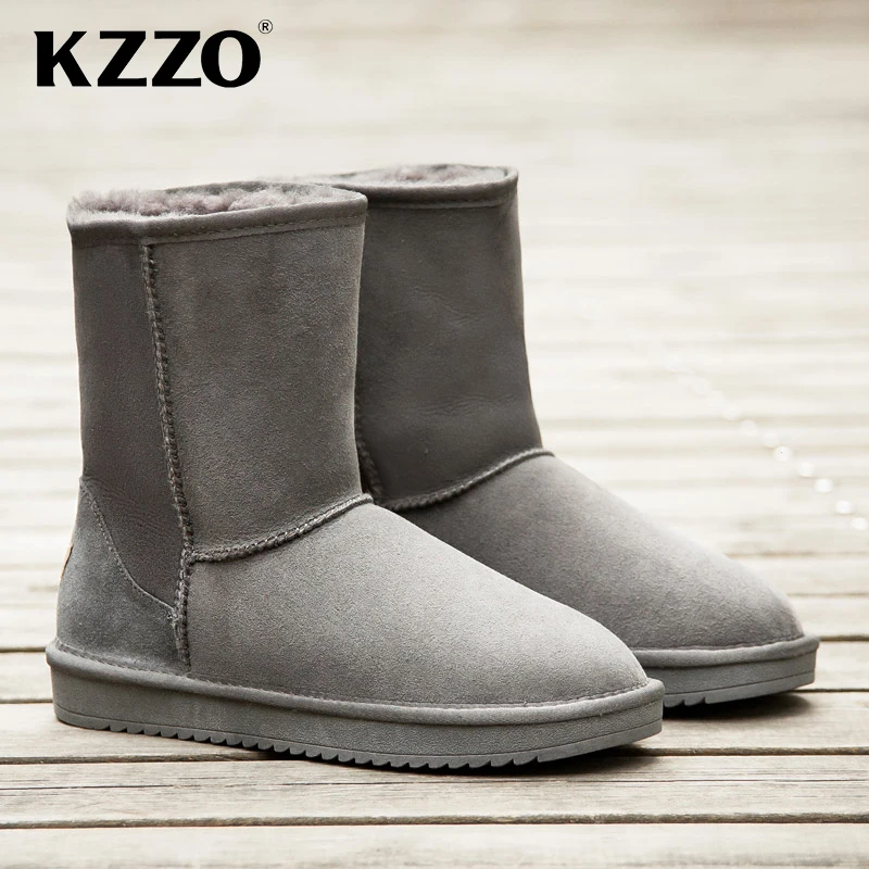 KZZO Australian Classic Mid-calf Men Snow Boots 100% Genuine Leather Natural Wool Lined Casual Winter Warm Non-slip Shoes 38-47