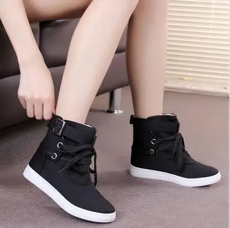 Black Gray Round Toe Platform High-top Canvas Buckle Shoes Woman Lace Up boots Student Flat Ankle Boots Botas Mujer 896p