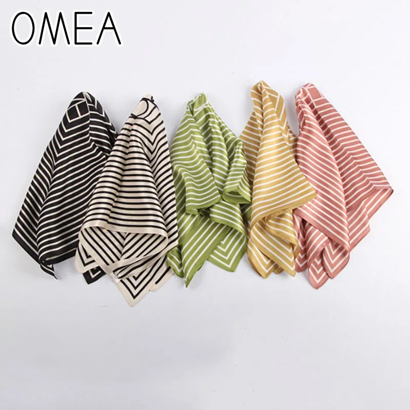 OMEA 100% Real Silk Scarf Women Fashion Modern Small Square Korean Version of The Silk Striped Pattern Luxury Head Scarf Retro