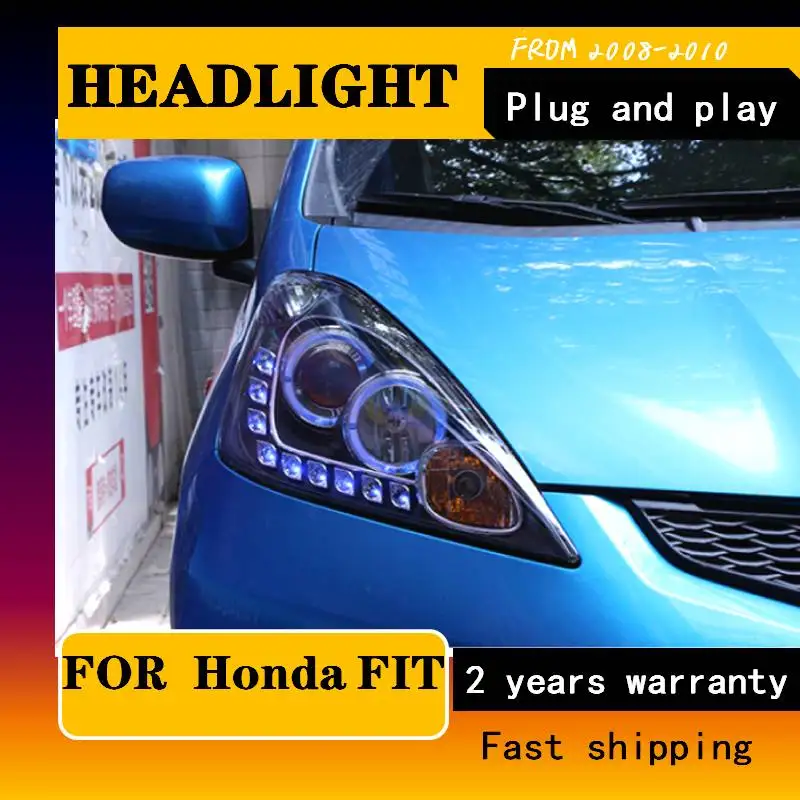 Car Styling Head Lamp For Honda Fit Jazz Headlights 2008-2012 Blue LED DRL Angel Eyes Double Lens Bi Xenon Hid High Low Beam