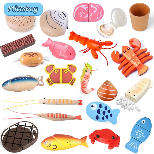 Nowa symulacja Montessori zwierząt magnetyczny domek do zabawy ryba krewetka krab muszla przyprawa Sashimi zabawka do pieczenia drewniane zabawki edukacyjne