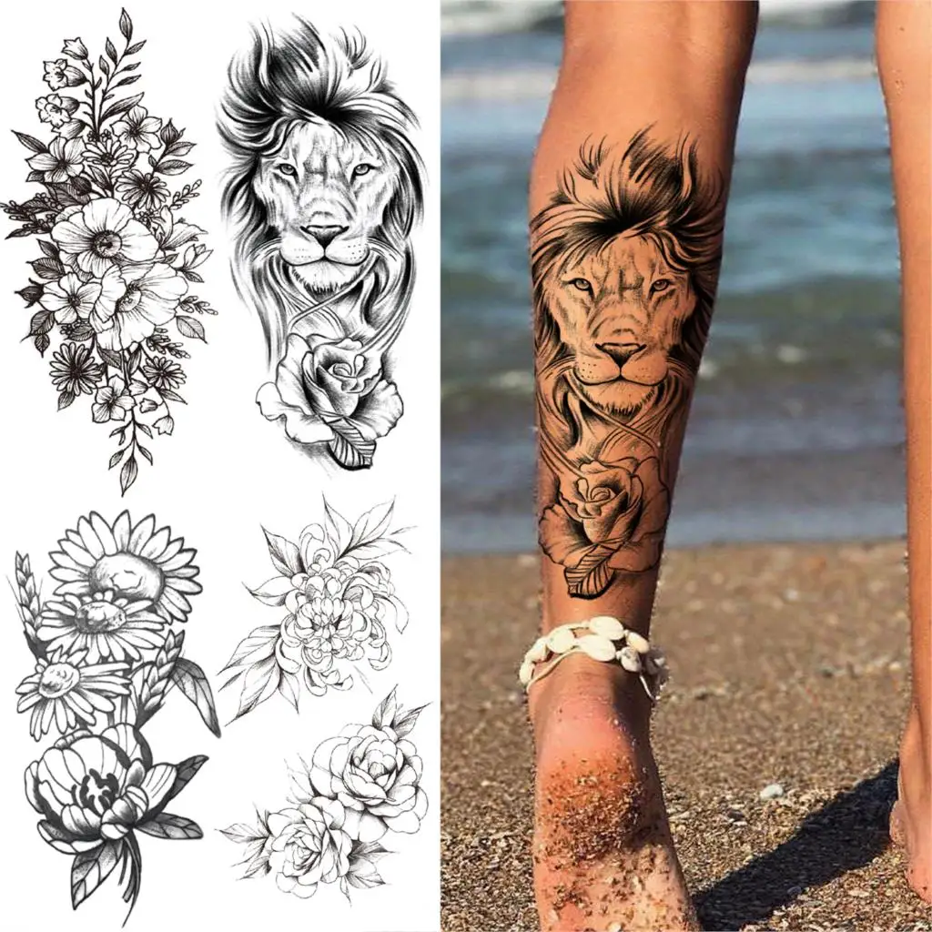 Realistic Lion Rose Temporary Tattoos For Women Adults Marigold Peony Flower Fake Tattoo Sticker Waterproof Thigh Forearm Tatoos