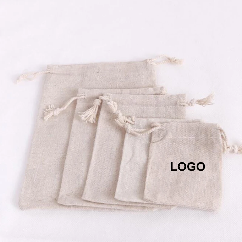 50 100pcs Customized Personalized Coloful Logo Linen Cotton Drawstring bag Makeup Jewelry Package Jute Christmas Gift Pouches