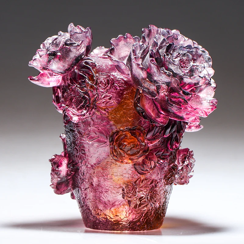 Top-end Luxury Royal Premium Colored Glaze Noble Purple Tree Peony Flowers Vase Glass Home Hall Office Decor Beauty Crystal Art