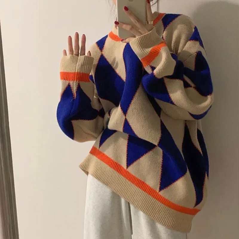 Pullovers Women Jumper Argyle Knitted Sweaters Vintage Sweaters Loose Tops College Style Streetwear Casual Winter Sueter Mujer